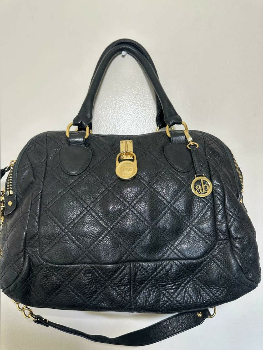 Audrey Brooke Black Quilted Genuine Leather Satchel Handbag